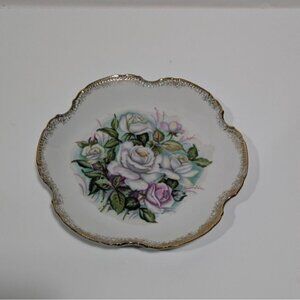 Decorative Floral Wall Plate Pink White Purple Roses Gold Trim Scalloped Edges